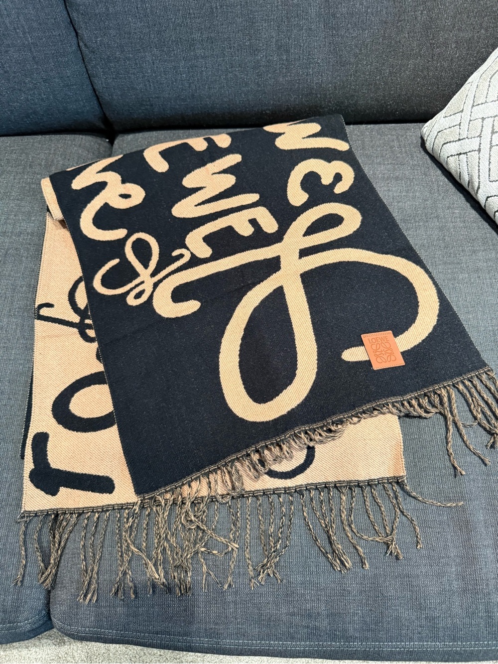 NEW Loewe Reversible Anagram Wool Blend Scarf – Black & Camel